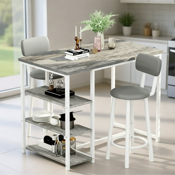 Cvortll Dining Table Set for 2, Counter Height Pub Table Set with 2 PU Leather Bar Stools and 3-Tier Shelves, Kitchen Island Set for Small Space Kitchen, Dining Room