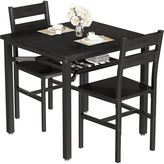 Cvortll Dining Table for 2, Wooden Dinner Table Sets, 3-Piece Industrial Square Dinette Set for Dining Room, Small Space, Black