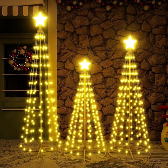 Cvortll Outdoor Christmas Cone Tree, Set of 3 LED Christmas Tree, 4/5/6 FT Lighted Tree Warm White Christmas Decorations for Yard Porch Indoor Outdoor Xmas Decor