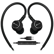 Hmusic Wired USB C Headphones, Metal Black Sports Earbuds, In Ear Hook Earphones with Microphone