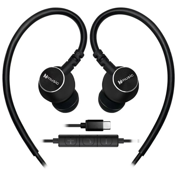 Hmusic Wired USB C Headphones, Metal Black Sports Earbuds, In Ear Hook Earphones with Microphone