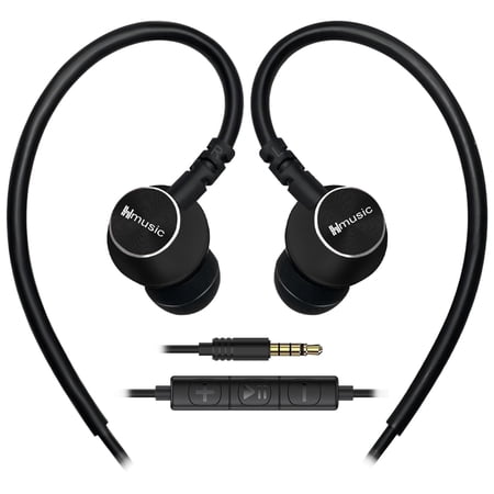 Hmusic Metal In Ear Earphones, 3.5mm Jack Wired Headphone with Mic, Ear Hook Wire Earbuds for Laptop, Smartphone (Black)