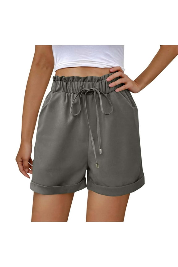 Cotton Linen Shorts for Women Summer Rolled Shorts Ruffled Elastic Waist Beach Casual Shorts with Drawstring