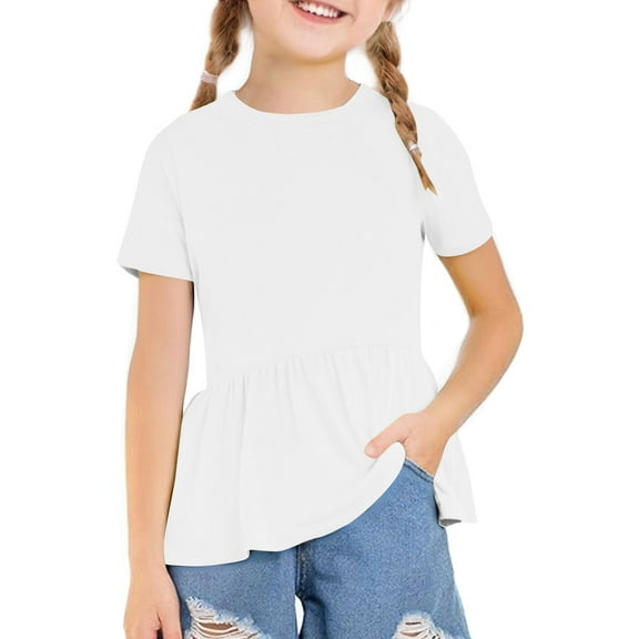 Hngshg Girls Summer Shirts Ruffle Hem Little Girl Short Sleeve Cute Blouses Casual Solid Color Loose Classic T-Shirts