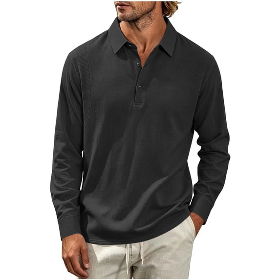 Hngshg Mens T-Shirts Big and Tall Comfy Button Up Collared Tops Long Sleeve Solid Color Pullover Tee Shirts