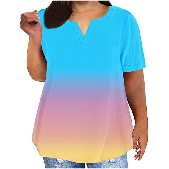 Hngshg Plus Size Tops for Women Comfy Loose Casual Short Sleeve Color Block V Neck Trendy Work T Shirts Summer Going out Tops