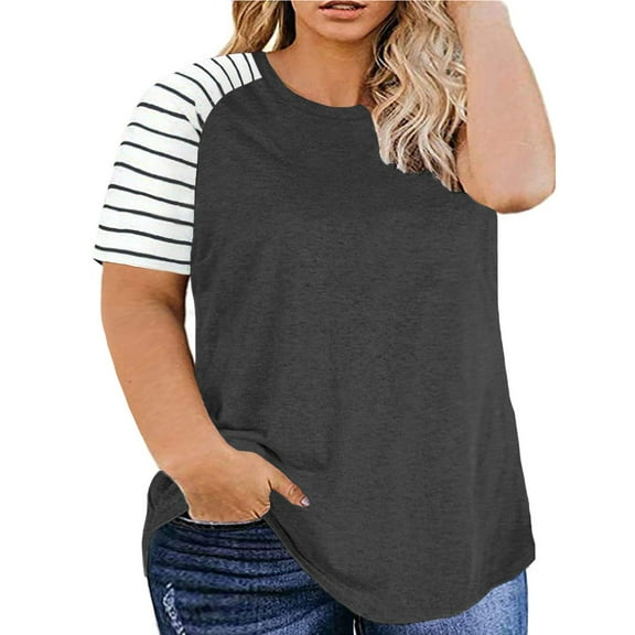 Hngshg Plus Size Tops for Women Short Sleeve Blouse Summer Splicing Stripe T-Shirt Casual Crew Neck Tees XL-5XL