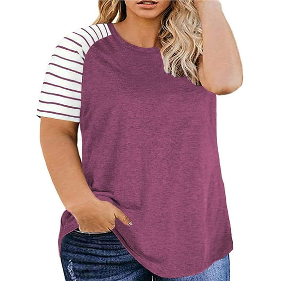 Hngshg Plus Size Tops for Women Short Sleeve Blouse Summer Splicing Stripe T-Shirt Casual Crew Neck Tees XL-5XL