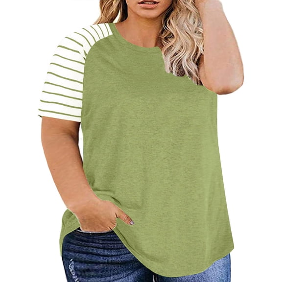 Hngshg Plus Size Tops for Women Short Sleeve Blouse Summer Splicing Stripe T-Shirt Casual Crew Neck Tees XL-5XL