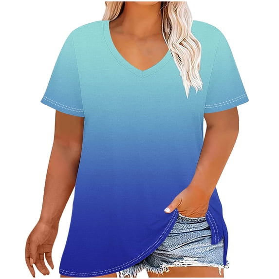 Hngshg Plus Size Tops for Women Summer Comfy Color Block Blouses Short Sleeve Loose Casual V Neck Trendy T Shirts Going out Tops