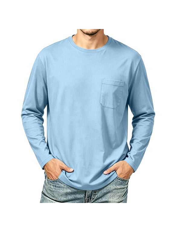 T-Shirts for Men Comfort Long Sleeve Pocket Lounge Tops Casual Solid Color Crew Neck Pullover Tee Shirts