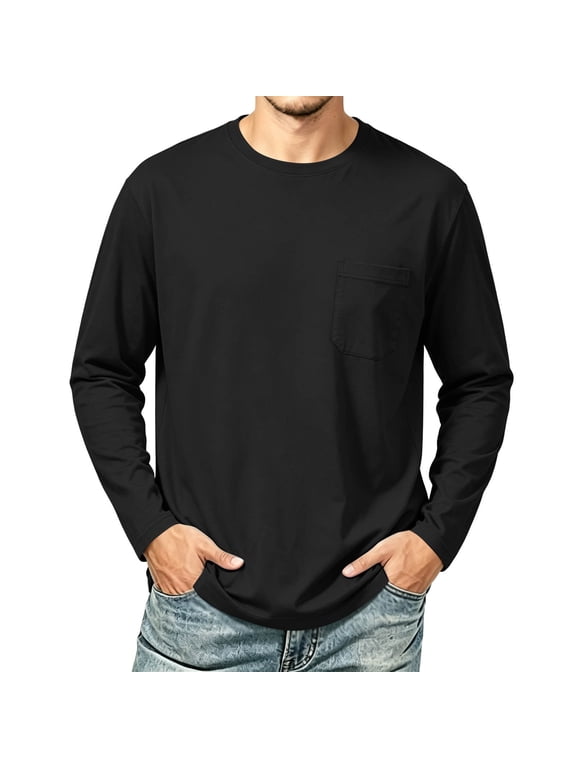 T-Shirts for Men Comfort Long Sleeve Pocket Lounge Tops Casual Solid Color Crew Neck Pullover Tee Shirts