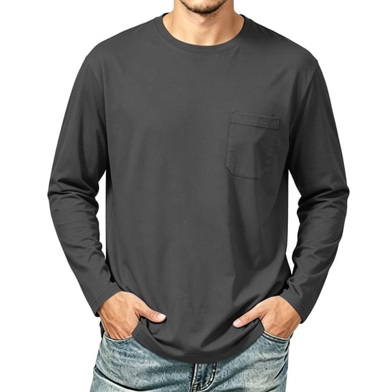 Hngshg T-Shirts for Men Comfort Long Sleeve Pocket Lounge Tops Casual Solid Color Crew Neck Pullover Tee Shirts