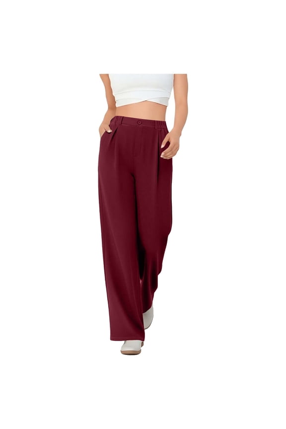 Women's Business Dress Pants Elastic Waist Pull on Work Long Sleeve Pleated Wide Leg Long Pants with Pockets
