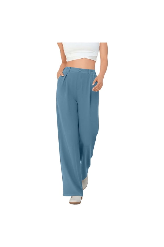 Women's Business Dress Pants Elastic Waist Pull on Work Long Sleeve Pleated Wide Leg Long Pants with Pockets