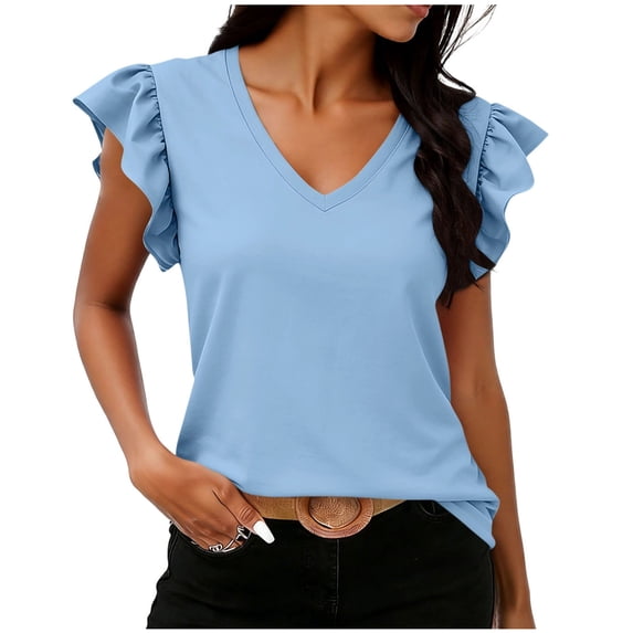 Hngshg Womens Summer Tops Ruffle Short Sleeve Striped Dressy Casual V Neck Trendy T Shirts Summer Vacation Going out Blouses