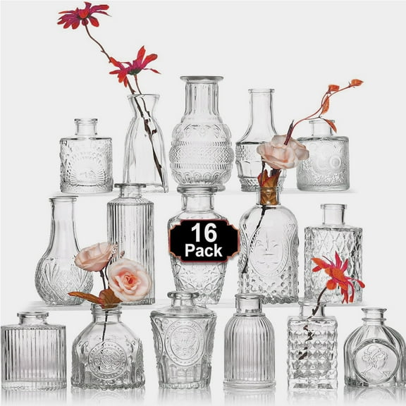 Hnrifc 16Pcs Glass Bud Vase Set，Small Vintage Flower Bottle Petite Glass Flower Vase for Floral Arrangements, Decorative Centerpiece, Table Decor, Home Wedding Party