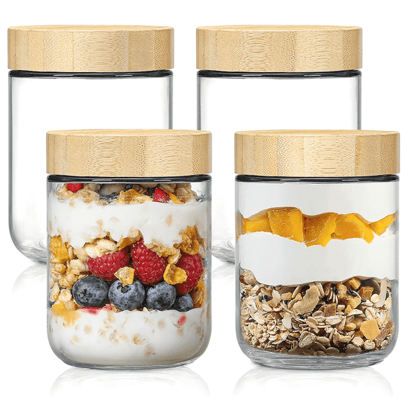 Hnrifc 4-pack 16oz Glass jars with Airtight Lids, Overnight Oats Containers with Bamboo Lids, Wide mouth Salad jars, Glass Food Storage Containers for Snacks Yogurt Spice Sugar