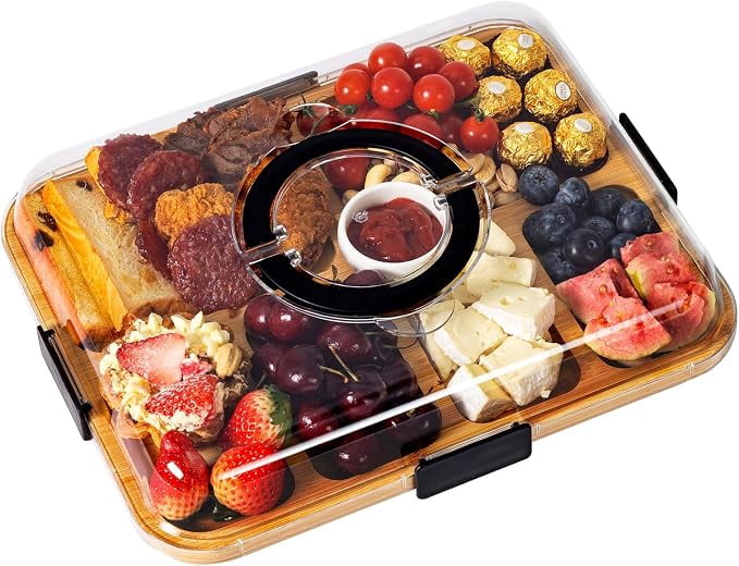 Hnrifc Charcuterie Board with Clear Lid, Travel Portable Cheese Board Charcuterie Boxes Cutting Boards for Kitchen (6 Compartments Black)