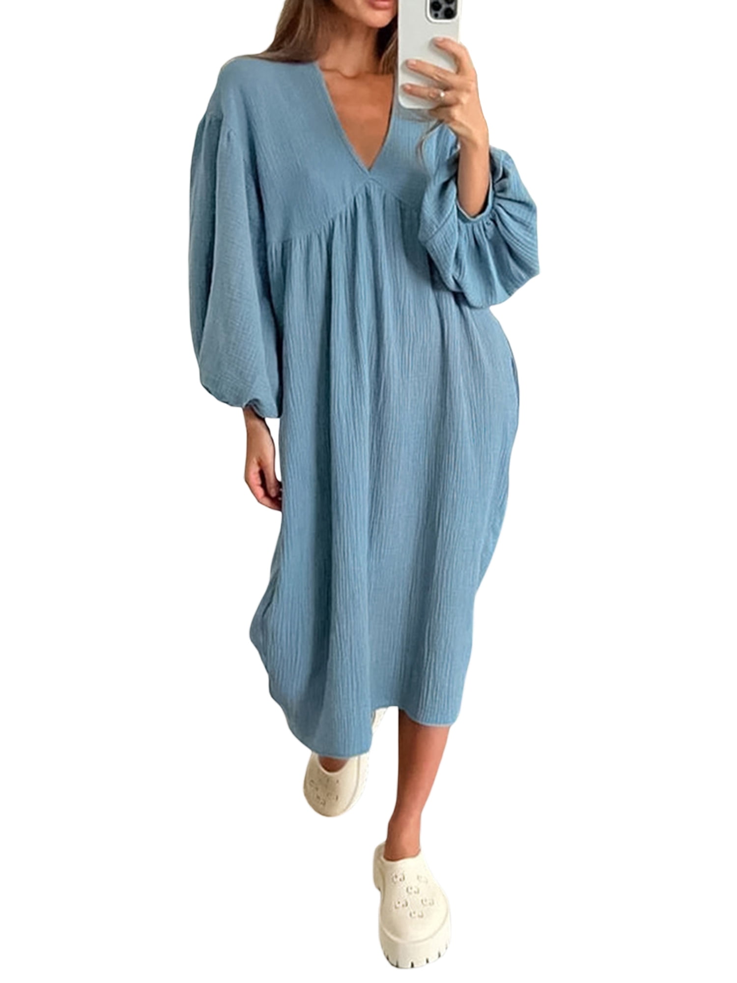 Hnyenmcko Women Pleated Nightdress Long Sleeve Loose Nightshirt Pajamas ...