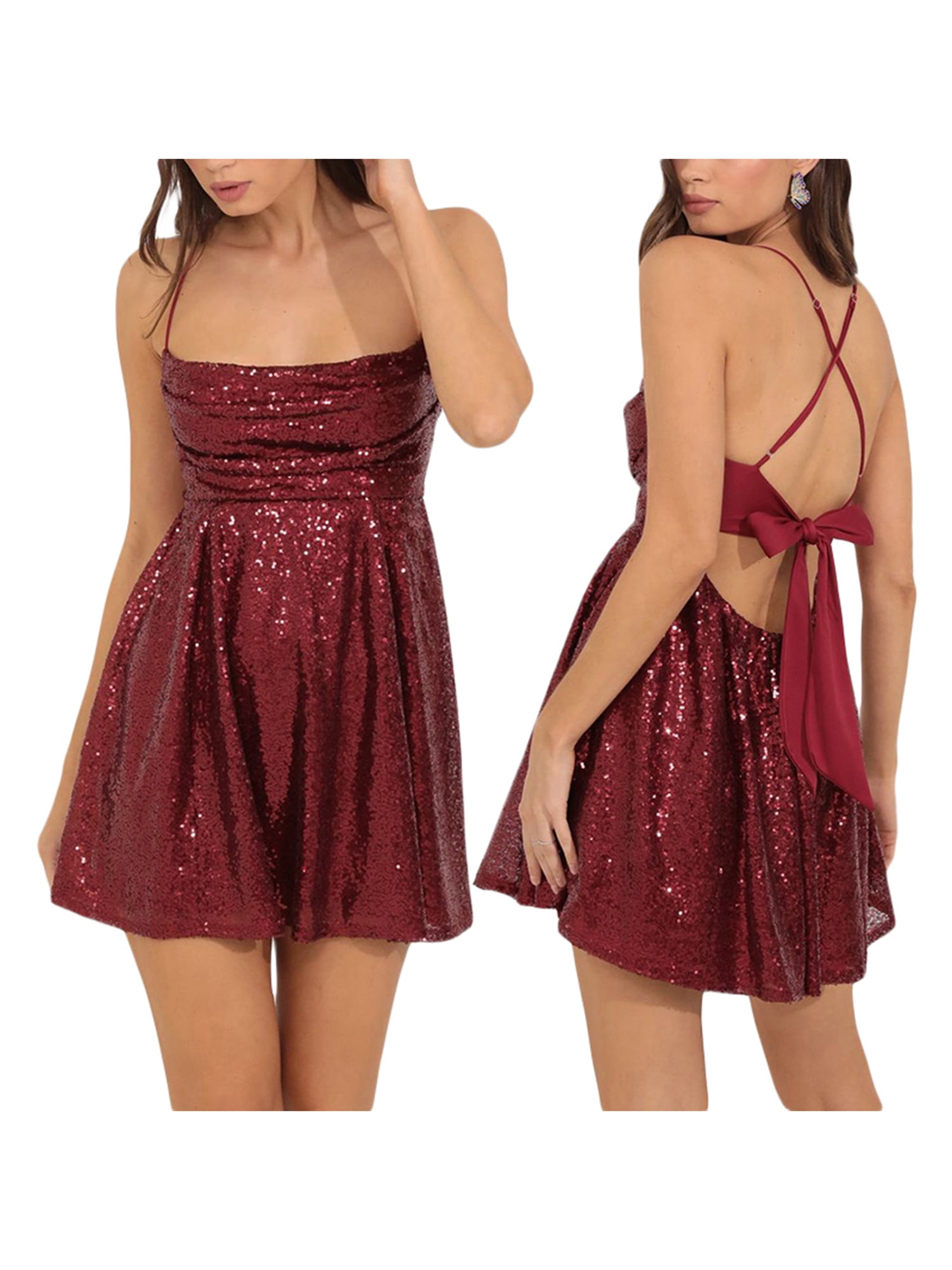 Wine Red Sequin Dress With Spaghetti Straps For Womens Slim Fit Bodycon  Party