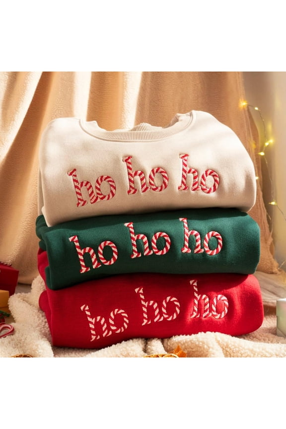 Ho Ho Ho Candy Cane Pattern Embroidered Sweatshirt, Christmas Sweatshirt, Holiday Sweatshirt, Holiday Party Outfit, Retro Holiday T-shirt