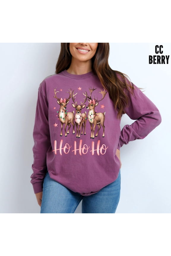 Ho Ho Ho Long-sleeved Womens Shirt, Womens Christmas Shirt, Reindeer Tee, Christmas Party