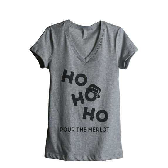 Ho Ho Ho Pour The Merlot Women's Fashion Relaxed V-Neck T-Shirt Tee Heather Grey Small