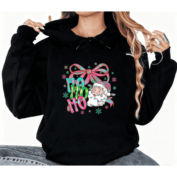 Ho Ho Ho Santa Christmas Graphic Tee T-Shirt Print Top Commuting Hooded long-sleeved Black S-2XL