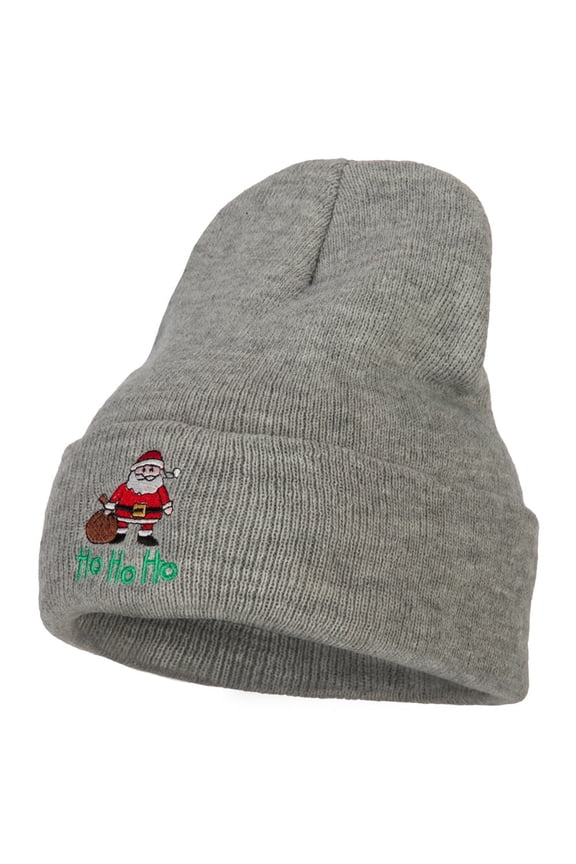 Ho Ho Ho Santa Embroidered Long Knitted Beanie - Heather Grey OSFM
