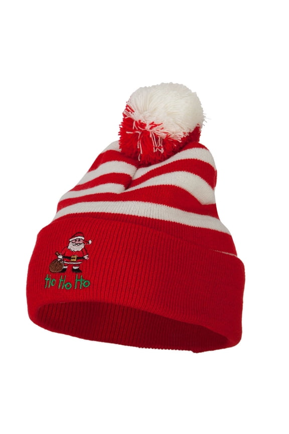 Ho Ho Ho Santa Embroidered Striped Pom Cuff Beanie - Red White OSFM