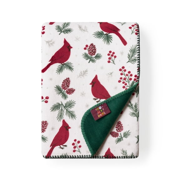 Ho Ho Holiday Cardinal Pines Reversible Christmas Throw Blanket, 50" x 72", White and Red