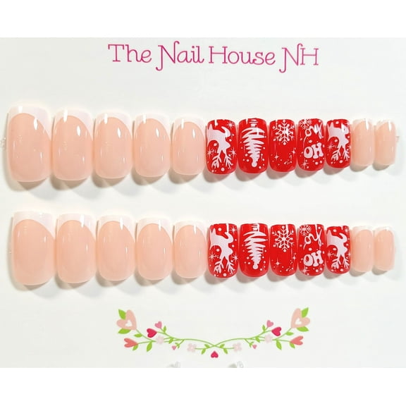 Ho Ho Holiday French Manicure Glossy Medium Square Press On Nails - 24 Pieces  - Christmas Nails