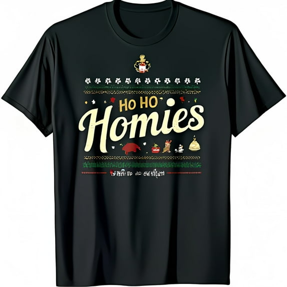 Ho Ho Homies Vintage Christmas T-Shirt Black Tee with Ornaments & Reindeer Design