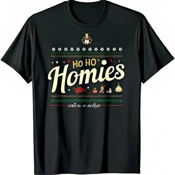 Ho Ho Homies Vintage Christmas T-Shirt Black Tee with Ornaments & Reindeer Design