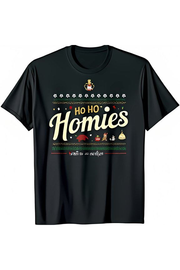 Ho Ho Homies Vintage Christmas T-Shirt Black Tee with Ornaments & Reindeer Design