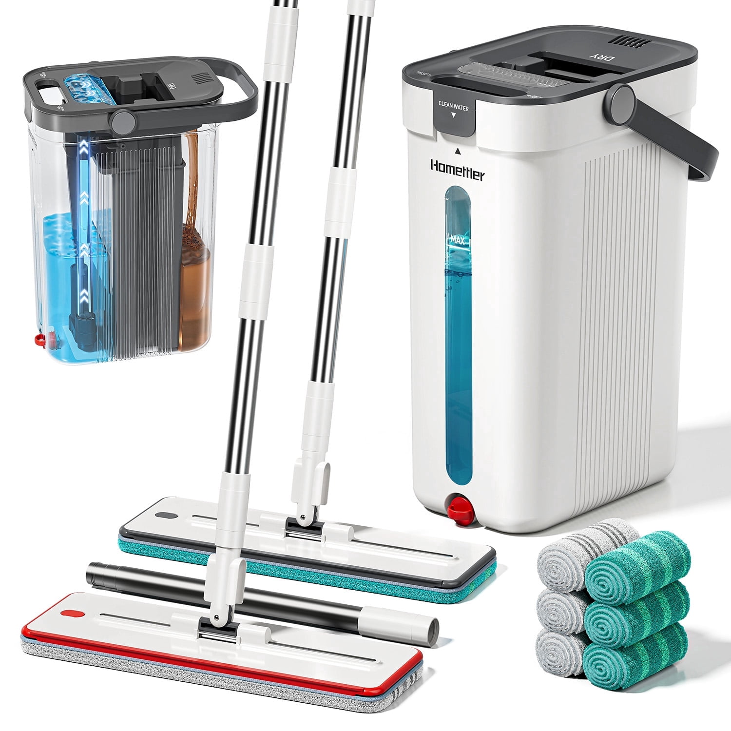 HoMettler Dual-Mop and Bucket Set, 3-Tank Flat Mop and Bucket System with Separate Dirty and Clean Water, Wall Cleaner Mop, Flat Mops for Floor Cleaning with 6 Microfiber Pads