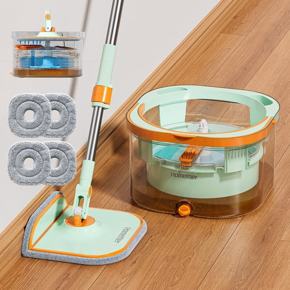 HoMettler Mop and Bucket Set, Flat Floor Mop with Separate Clean & Dirty Water System, Transparent Bucket, 4 Washable Microfiber Pads, Triangular Head for Wood, Tile & Vinyl Floors