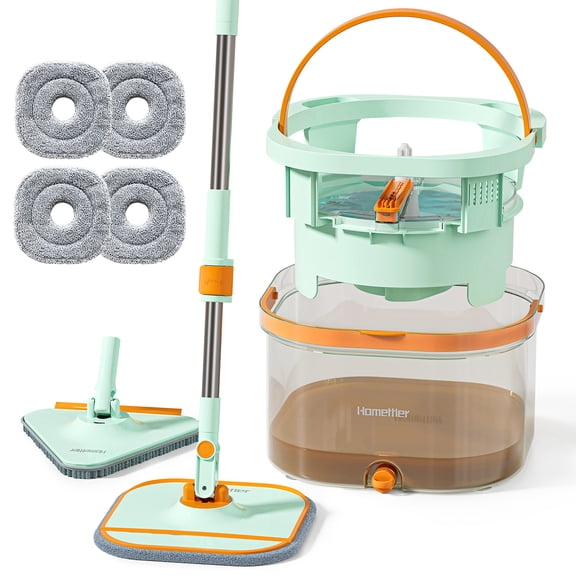 HoMettler Mop and Bucket Set, Flat Floor Mop with Separate Clean & Dirty Water System, Transparent Bucket, 4 Washable Microfiber Pads, Triangular Head for Wood, Tile & Vinyl Floors