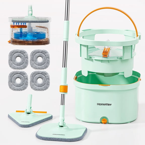 HoMettler Mop and Bucket Set | Spin Mop with Dual-Tank Clean/Dirty Water Separation | 4 Microfiber Pads for Deep-Cleaning Floors | Versatile Mops Triangular Head for Walls