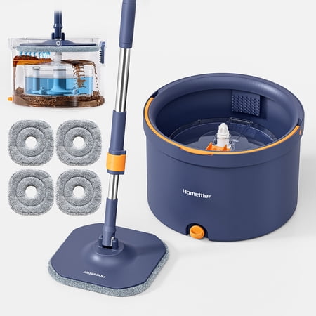 HoMettler Spin Mop and Bucket Set, Mop Bucket with Separate Dirty Water System, Deep-Cleaning Mops for Floors/Wall, Versatile Mops with 4 Microfiber Mop Pads