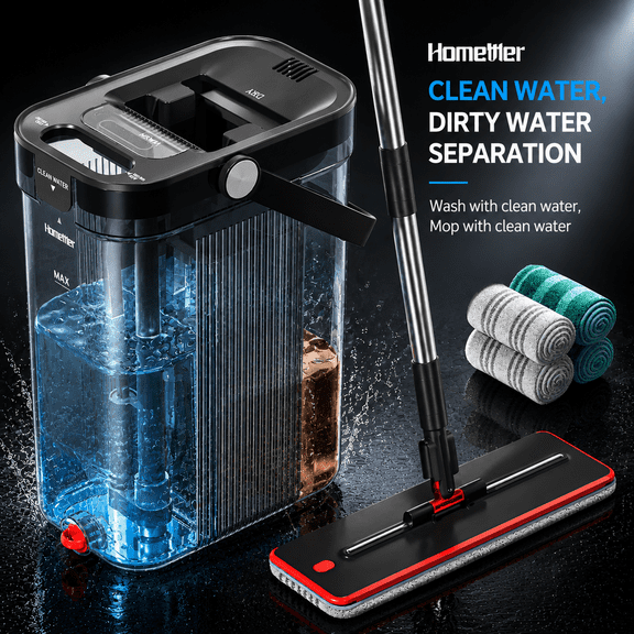 HoMettler Self-Cleaning Mop Bucket Set with Separate Clean & Dirty Water, 4 Washable Pads