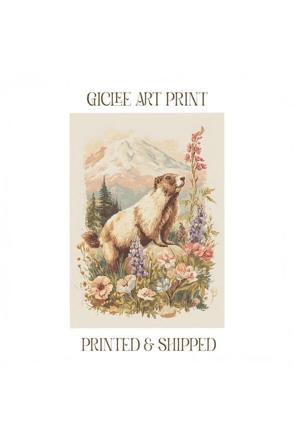 Hoary Marmot Giclee Poster, Mount Rainier National Park Art, 8x12 UNFRAMED