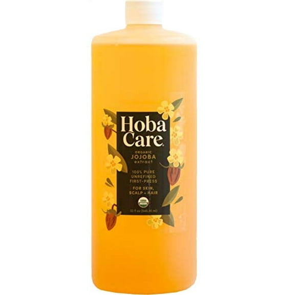 HobaCare Organic Jojoba Oil 32oz, 100% Pure | Natural Cold Pressed Unrefined Multi-Purpose Oil for Hair, Face and Body