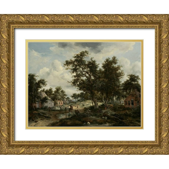 Hobbema, Meindert 14x12 Gold Ornate Wood Framed with Double Matting Museum Art Print Titled - A Wooded Landscape with Travelers on a Path through a Hamlet