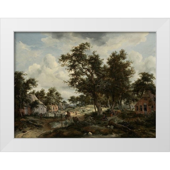Hobbema, Meindert 32x25 White Modern Wood Framed Museum Art Print Titled - A Wooded Landscape with Travelers on a Path through a Hamlet