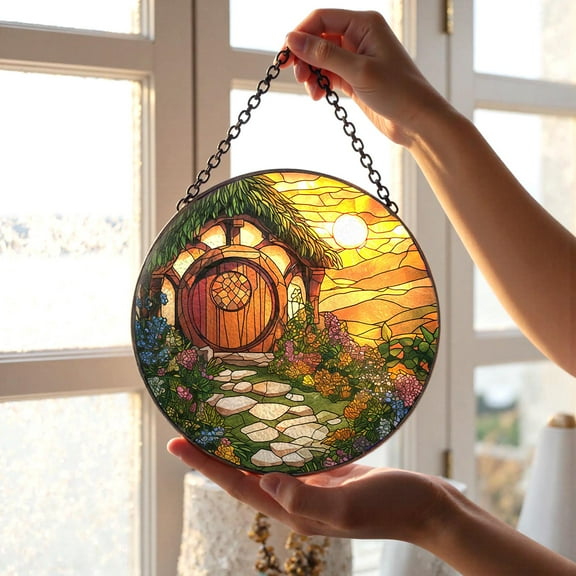 Hobbit Day Stained Glass Suncatcher, Fantasy The Shire Suncatcher for Enchanted Home Decor, Hobbit House Window Art for LOTR Fans Decor