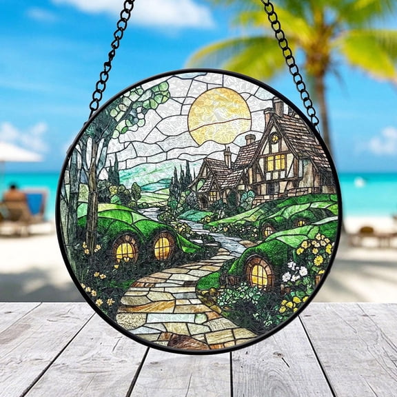 Hobbit Village Suncatcher, Circular Mosaic Window Art, Fantasy Decor, 3.5 in