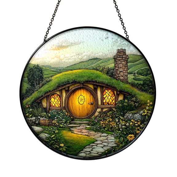 Hobbiton The Shire Stained Glass Suncatcher, LOTR Window Hanging Gift for Him