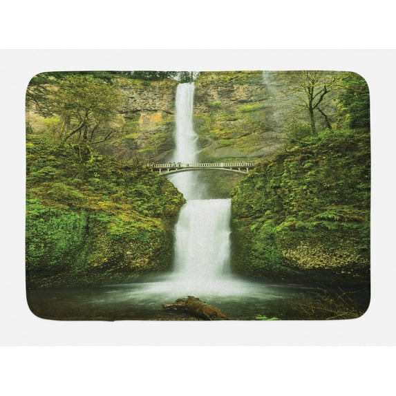 Hobbits Bath Mat, Falls of Rivendell Multnomah Waterfall Oregon with Hobbit Elf Path Bridge Scene Image, Non-Slip Plush Mat Bathroom Kitchen Laundry Room Decor, 29.5 X 17.5 Inches, Green, Ambesonne
